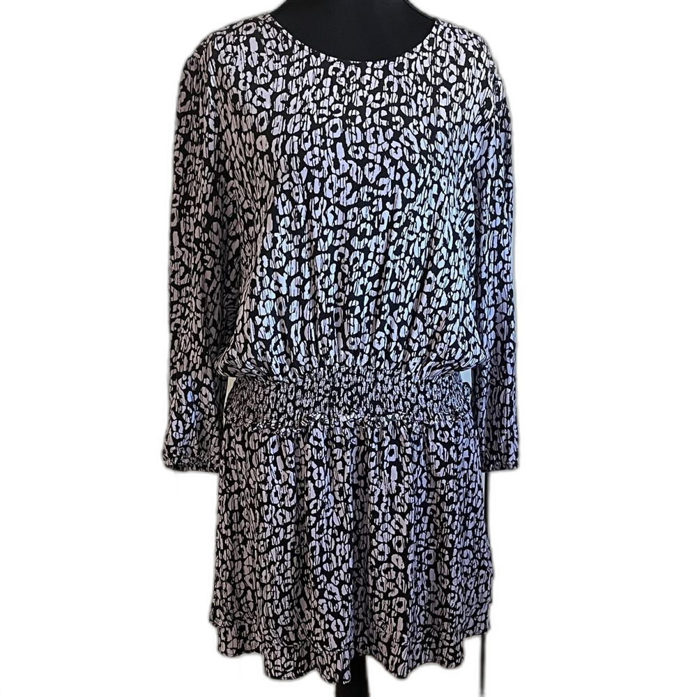Rails Inez Black Batik Cheetah Dress Size XL Smocked Waist Lavender Black